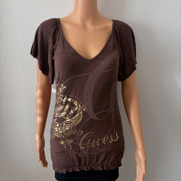 Vintage Guess Women's Top XS Dark Brown Bedazzled All Over Gold Foil Y2K 2000s - Picture 2 of 7